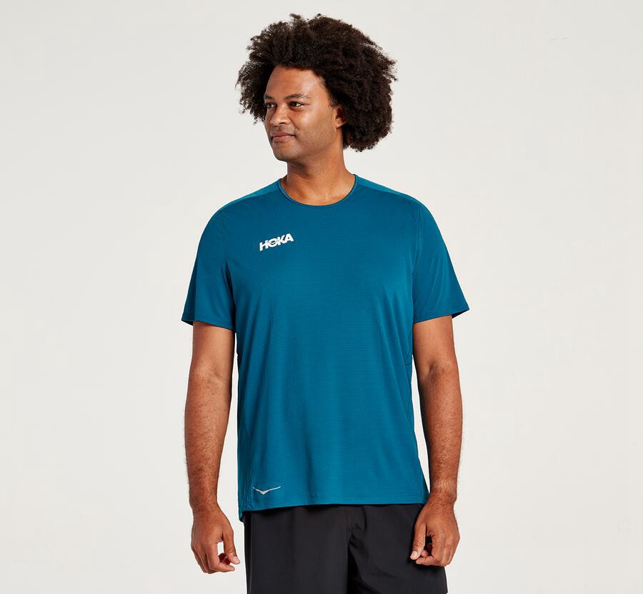 Hoka One One Top Panske Modre - Performance Short Sleeve - 79328-LARP